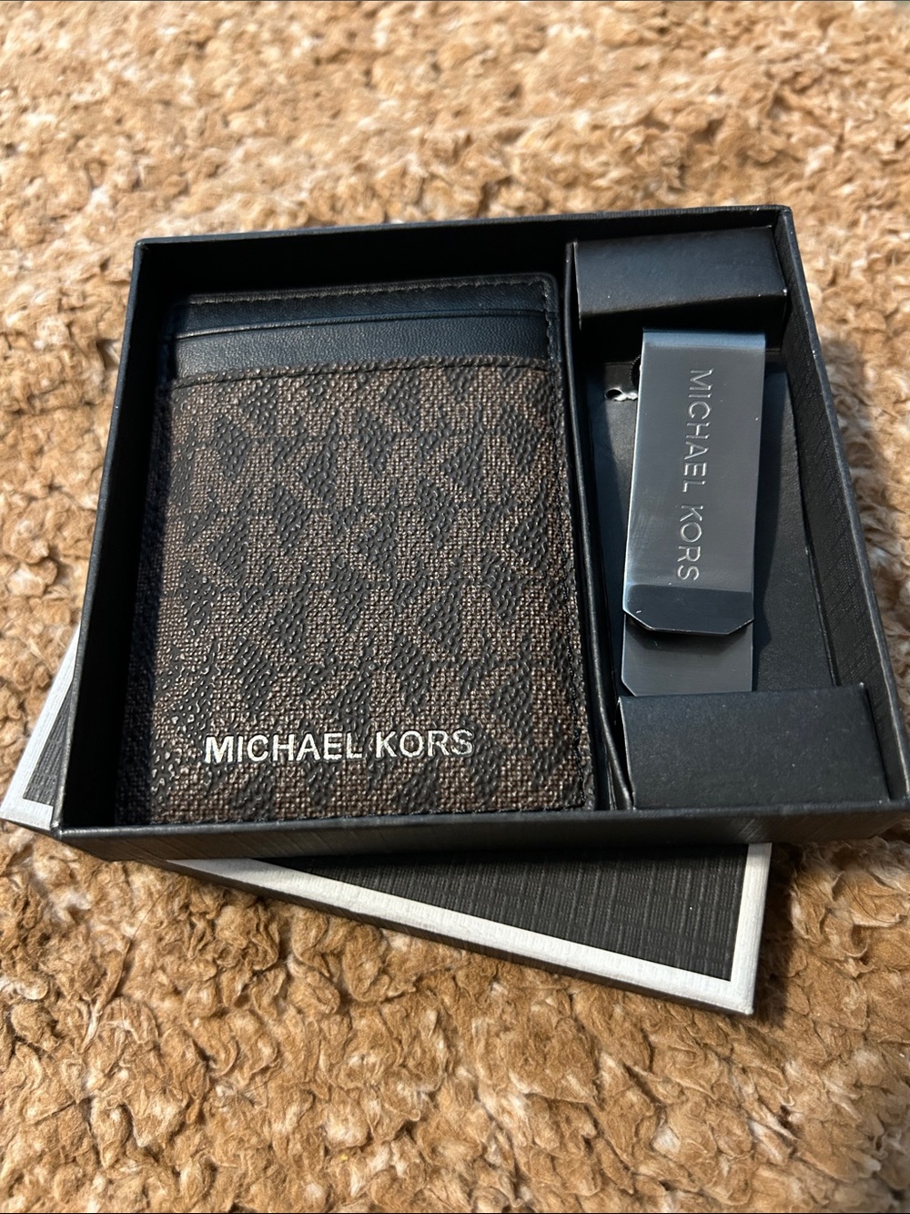 Michael Kors Brown and Black Logo Card Holder with Money Clip